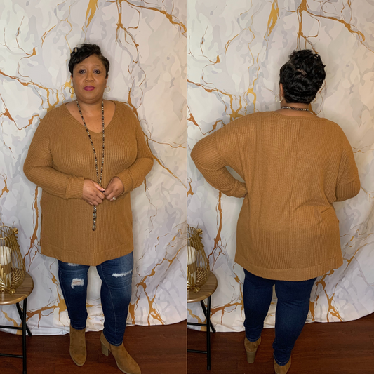 Lisa V-Neck Waffle Sweater Almond freeshipping - Curvy and Beautiful Boutique